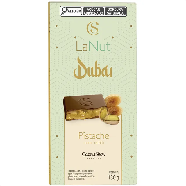 Tablete Lanut Pistache Dubai 130g Cacau Show Chocolate Doce