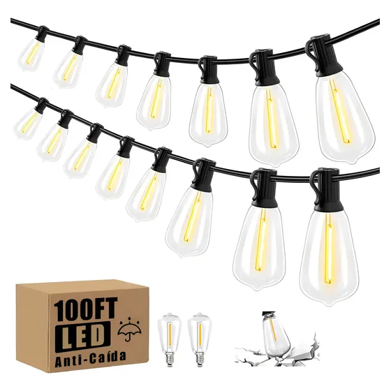 30m Led Guirnalda De Luces 30+2 Focos Vintage Impermeable Blanco Cálido