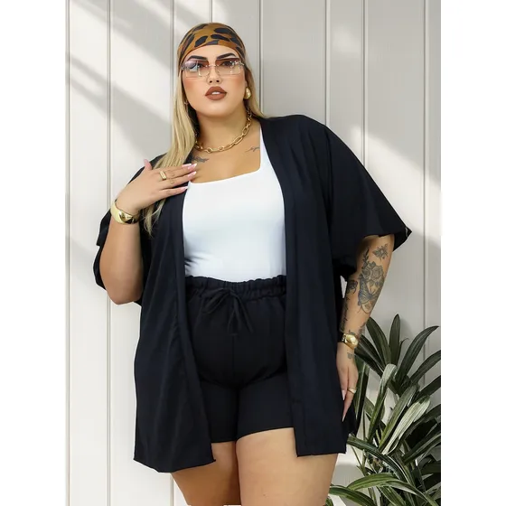 Conjunto Feminino Plus Size Kimono E Shorts Estilo Casual