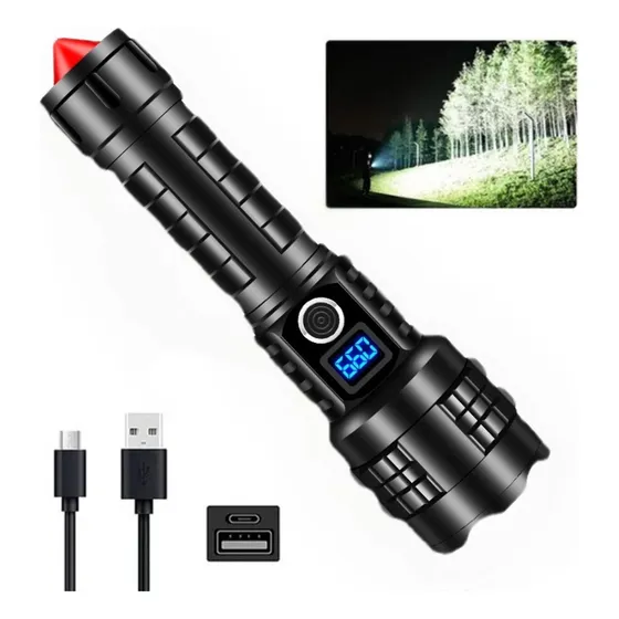 Lanterna Tática Alta Potência Led Tela Digital Com Zoom Usb