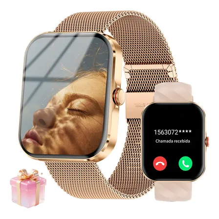Relógios Smartwatch Bluetooth Ios Android Notificações Msg Rosa Dourado Aço Inoxidável