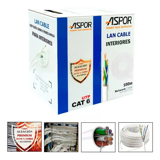 Cable De Red Utp Cat6a 24awg 100m Cca Interior Marca Aspor Modelo 1024as Color Blanco Aleacion Premium 10gbps Alta Transferencia De Datos RJ45 Ethernet Lan 500mhz Banda Ancha