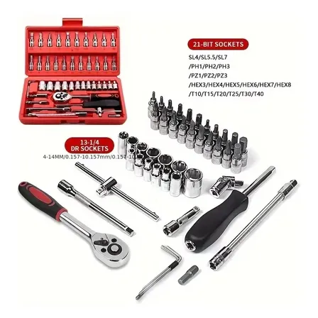 Kit Jogo De Soquetes 46 Peças Com Maleta E Chave Catraca Para Carro e Bikes