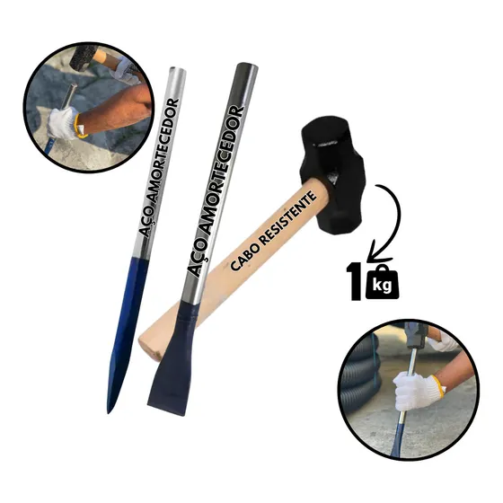 Kit Marreta 1kg + Talhadeira + Ponteiro- Top