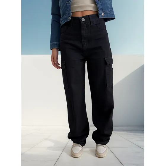 Pantalon Cargo Jeans Mujer Rigido Negro Denim