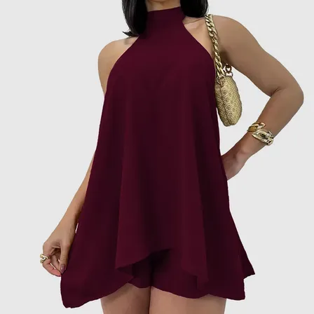 Conjunto Feminino Vestido Soltinho Frente Unica Short Verão Vinho Único