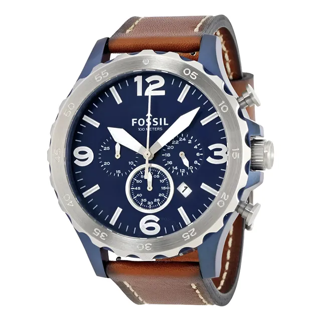 Reloj Fossil Nate Jr1504 Original En Caja - Correa Marrón Bisel Azul Oscuro Fondo Azul Oscuro
