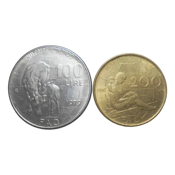 Italia Lote 100 Y 200 Liras 1979 1980 Conmemorativa F. A. O.