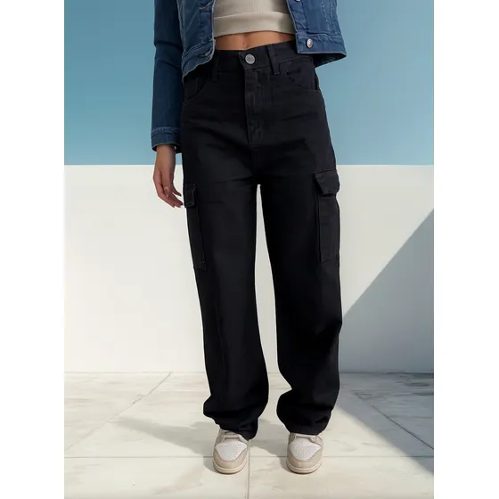 Cargo Jeans Mujer Rigido Negro Tiro Medio Alto Denim