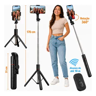 Tripé Celular Bastão Pau De Selfie 1,7m Controle Bluetooth