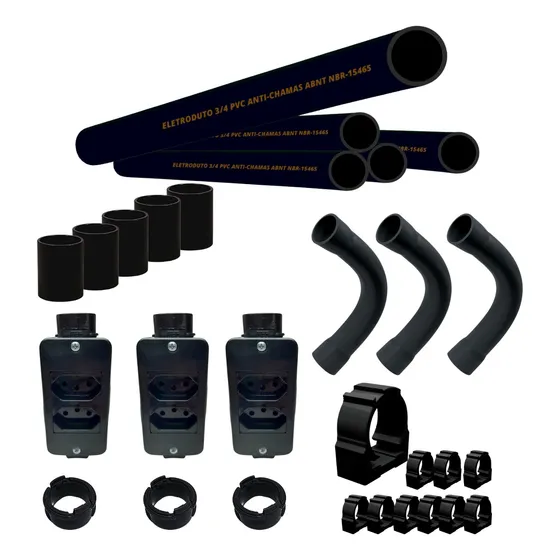 Kit 3un Tomadas Duplas Pretas 20a + Kit Instalação Sobrepor