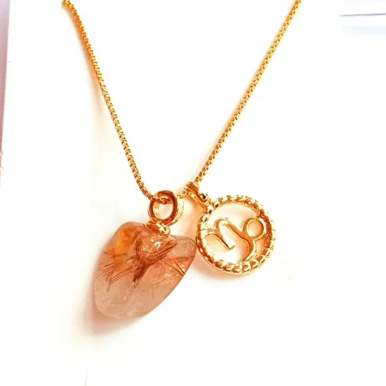 Pingente Amulet Signo Capricórnoi+cristal Rutilado+corrente 