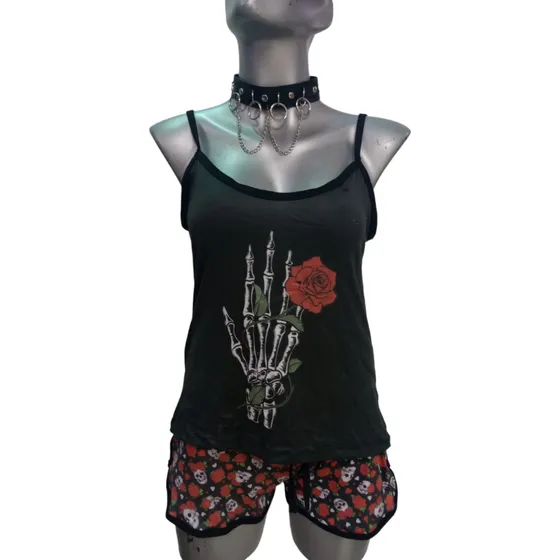 Pijama Conjunto Short Y Blusa Skull Calavera Flores