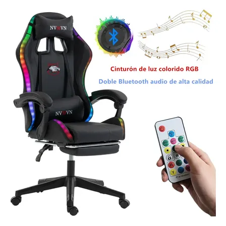 Silla Gamer Ergonómica RGB con Dobles Parlantes Bluetooth Control Remoto Altura Regulable y Respaldo Reclinable con Reposapiés