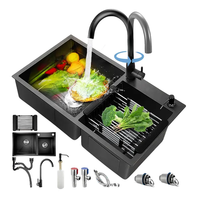 Tarja Fregadero De Cocina De Acero Inoxidable Doble 78*43 Negro
