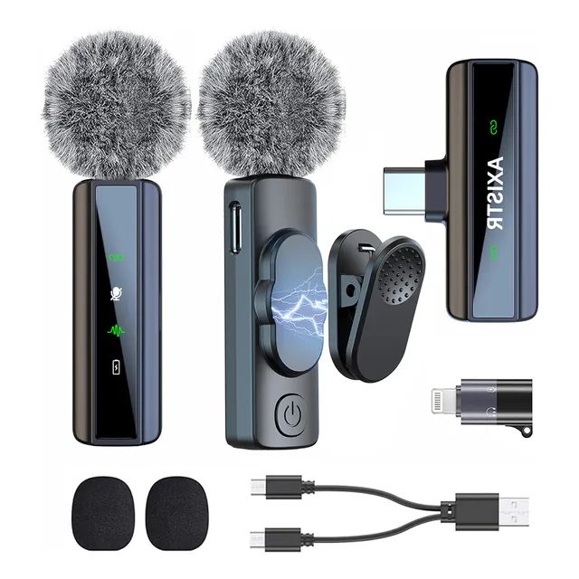 Axistr j7 Micrófono Lavalier Inalámbrico para Iphone Android Ipad Pc 80 Pies de Alcance 65 Db Cancelación de Ruido Recepción Omnidireccional Reverberación Plug and Play Ligero y Portátil Negro