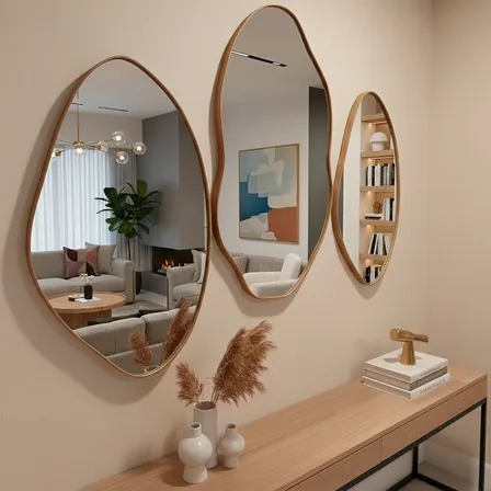 Kit 3 Espelhos Orgânico Grandes Moldura Couro Design Moderno