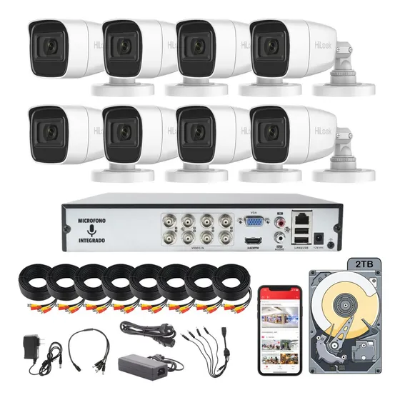 Kit Circuito Cerrado Hilook Dvr 8 Canales 8 Camaras 1080p 2mp Full Hd Audio Integrado Thc-b120-ps Cable Coaxial 18mts + Disco Duro 2tb
