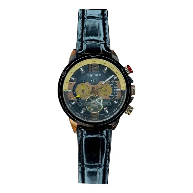 Reloj Tevise T885f Hombre Negro Cuero Hebilla Simple