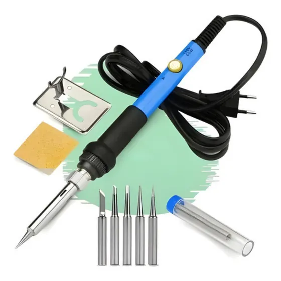 Kit Ferro De Solda 60W Estanho Com Fluxo De Solda 6 Pontas Esponja e Suporte Com Regulagem De Temperatura Profissional 220 Volts