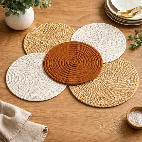 Set 5 Individuales Manteles Redondos Algodón Trenzados 35cm Antideslizantes Aislantes Térmicos Mesa Comedor Cocina Decoración Boho Lavables Cesta Organizadora Telotenemos