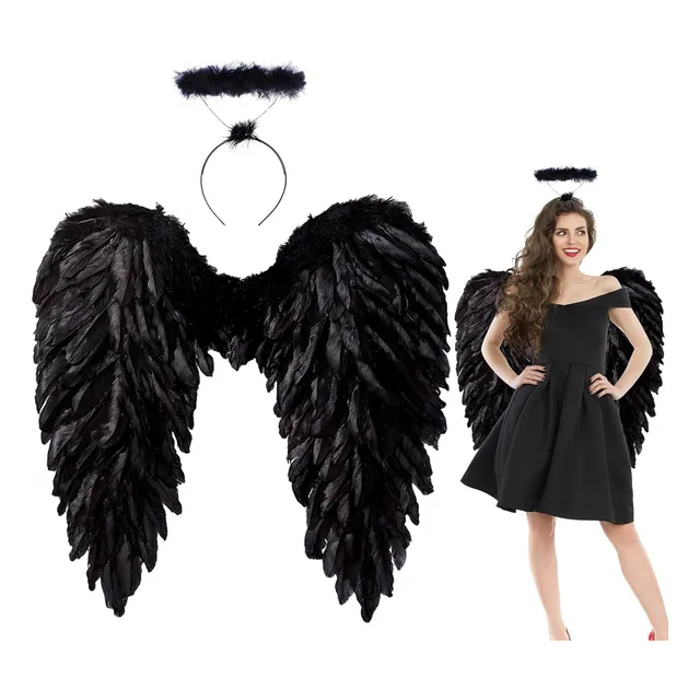 Combo Alas Ángel Pluma Blanca O Negra Disfraz Halloween Loca
