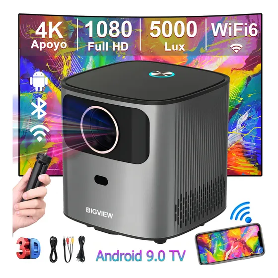 Bigview Proyector T08 Nativa 1080p 4k Fhd Android 9.0 Dual Wifi 5.0 Proyección De 32-135 Pulgadas Color Negro