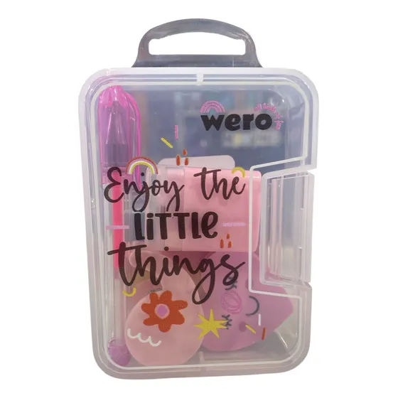 Mini Kit Escolar De 9cm Con Cinta Adhesiva, Goma De Borrar, Una Lapicera, Un Sacapuntas Y Adhesivos De Colores Wero