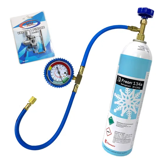 Kit De Carga De Refrigerante R134a Heladeras. Manifold Simple + Valvula Pinche + Gas R134 De 900g
