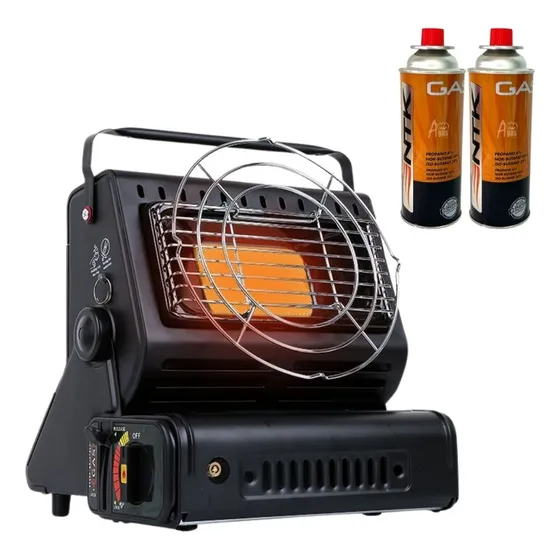 Calefactor Estufa Calentador Hibrida 2 En 1 Para Gas De Cartucho Y Licuado Portátil Camping + 2 Cartuchos De Gas 227 Gramos