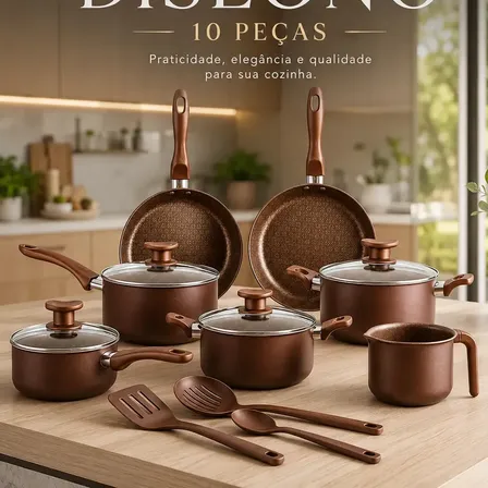 Jogo De Panelas 10 Peças Antiaderente Marrom Com Tampa De Vidro Linha Familiar Designo Cozinha Alumínio Revestido Ideal Para Fritura Arroz Vapor Fogão Gás Elétrico