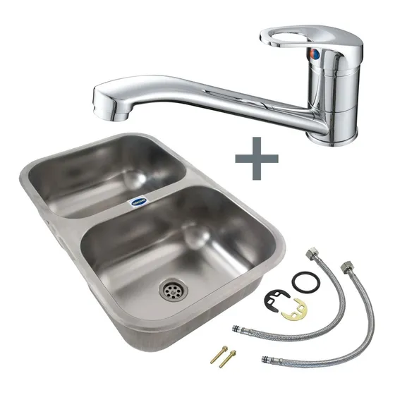 Bacha Doble 56x32 Inoxidable + Griferia Monocomando Mesada 