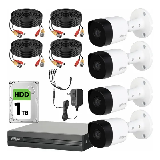 Dahua Kit De Video Vigilancia 4 Cámaras Metálicas 5 Mp + Disco Duro De 1 Tb Circuito Cerrado Con Detección De Movimento Dh-kit5mp-plus2-1tb-cc