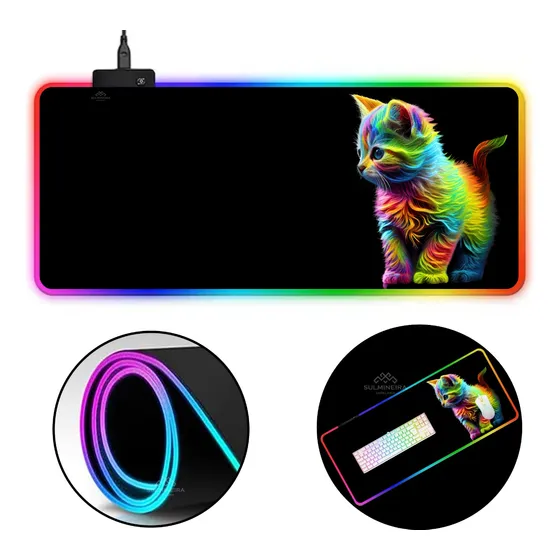 Mouse Pad Gamer Gato Rgb Extra Grande Speed Usb 80x30cm Led