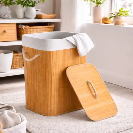 Cesto De Roupa Suja Bambu Dobrável Com Tampa Alças 72 Litros Bambu