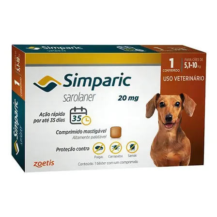 Simparic 20mg Comprimido Antipulgas Carrapatos Cães 5 A 10kg Marrom