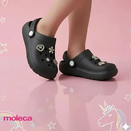 Babuche Molekinha Infantil Com Botons Kids Lançamento Clog Preto Liso 33/34