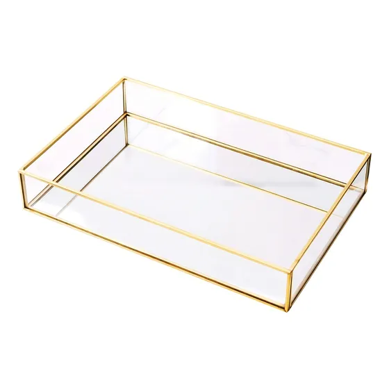 Bandeja Organizadora Retangular De Vidro Espelhada Borda Dourada Pequena 24x14x5,5cm