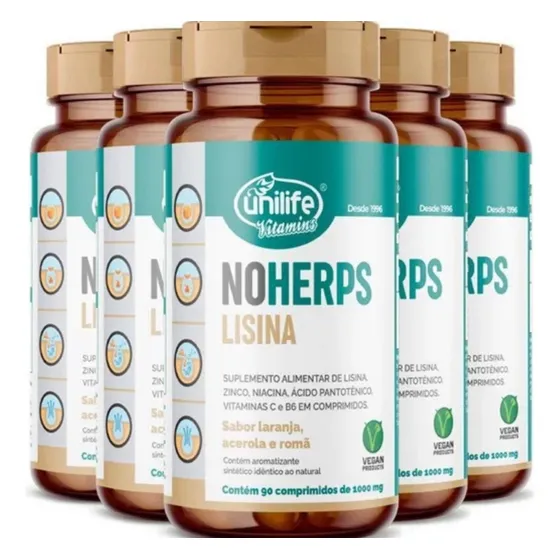 Kit 5 Noherps Lisina 1000mg 90 Capsulas Suplemento - Unilife