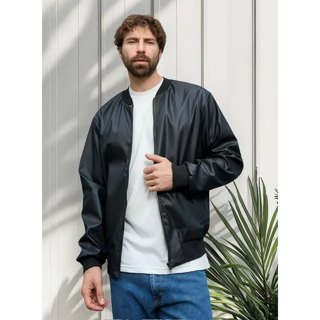 Campera Bomber Cuero Lisa Cara Cruz Jeans Negra Básica