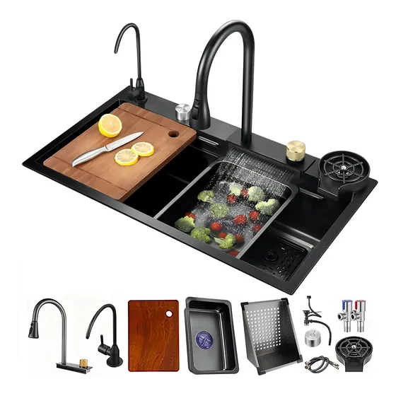 Tarja Fregadero De Cocina De Cascada Acero Inoxidable 75*45 Negro