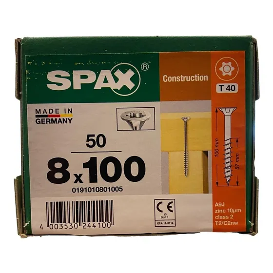 Tornillo Spax Madera 8 X 100 Caja 50 Piezas Media Cuerda T40