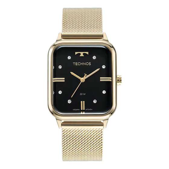Relogio Technos Feminino Dourado Quadrado Preto 2039cq/1p