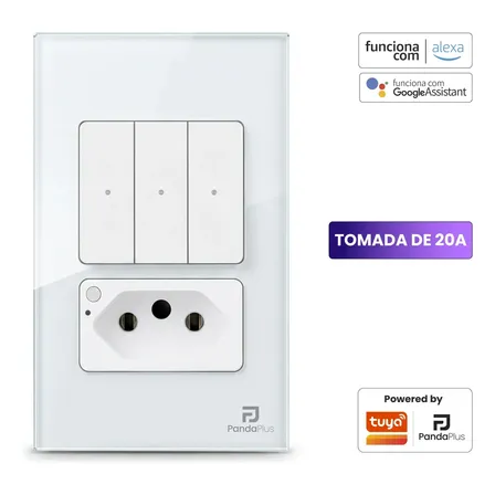 Interruptor Inteligente com Tomada Panda Plus, 3 Botões e Wi-Fi, para Alexa e Google Home, Bivolt