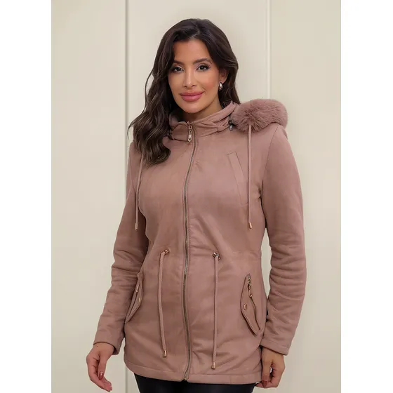 Parka Dupla Face Suede Jaqueta Feminina Corta Vento Capuz