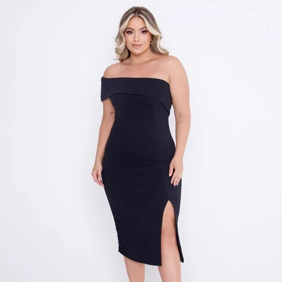 Vestido Plus Size De Festa Midi Justo Ombro Elegante Até G3