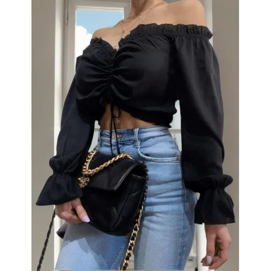Paisana Crop Top Manga Larga Volados Con Frunce Mujer