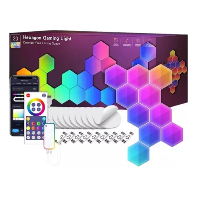 Set Gamer Panel Led Rgb Hexagonal Wifi De Pared 20 Und Alexa