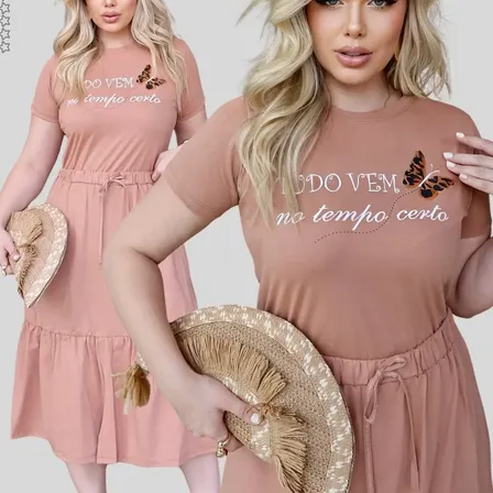 Conjunto Feminino Blusa E Saia Midi Algodão Penteado Premium