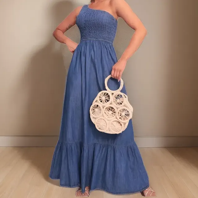 Vestido Feminino Longo Jeans Rodado Manga Unica Com Elastico